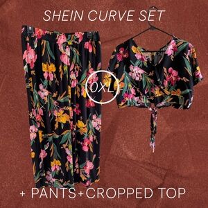 SHEIN Black and Pink Floral Blouse And Pant Set
